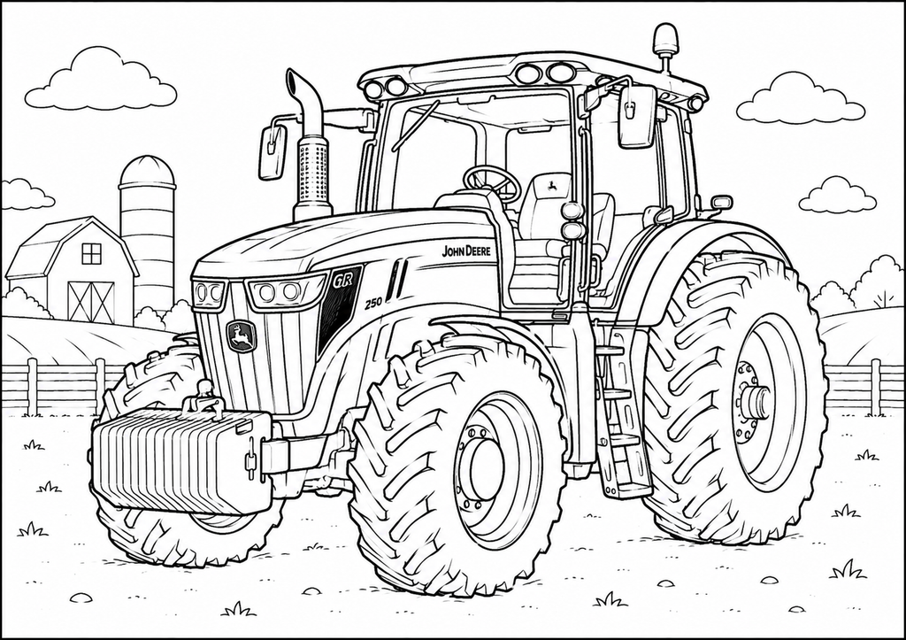 Black and white line art illustration of a John Deere 3300 tractor in a farm setting with a barn, silo, fence, and clouds.