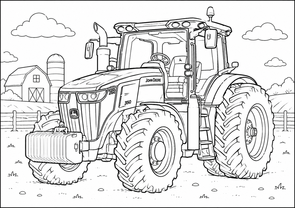 Black and white line art illustration of a John Deere 7200 Series 3 tractor on a farm, shown with a barn, silo, fence, and clouds in the background.