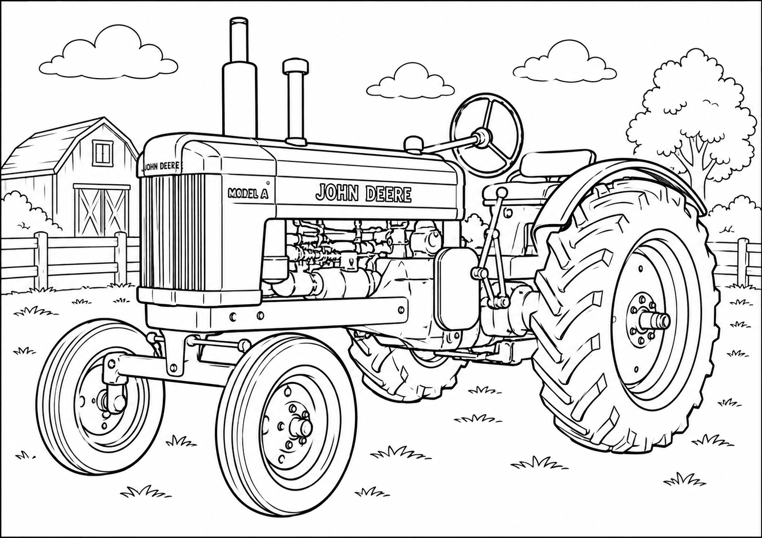 Black and white line art illustration of a vintage John Deere tractor on a farm, with a barn, fence, trees, and clouds in the background.