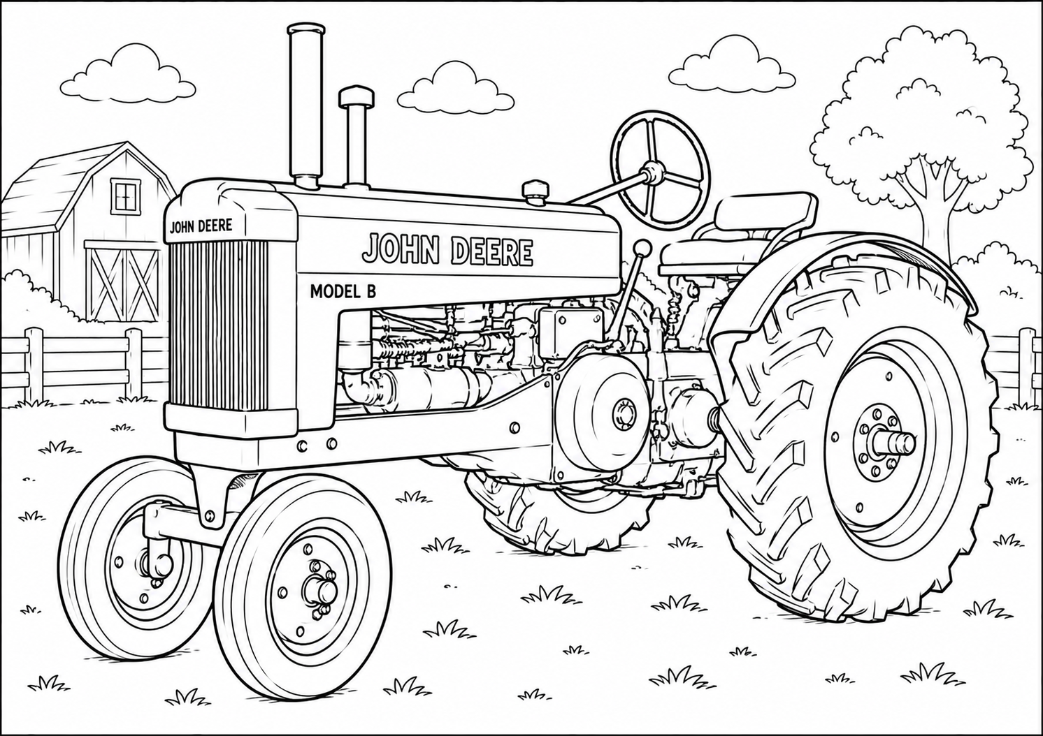 Black and white line art coloring page of a John Deere Model B tractor in a farm setting with a barn, trees, and clouds.