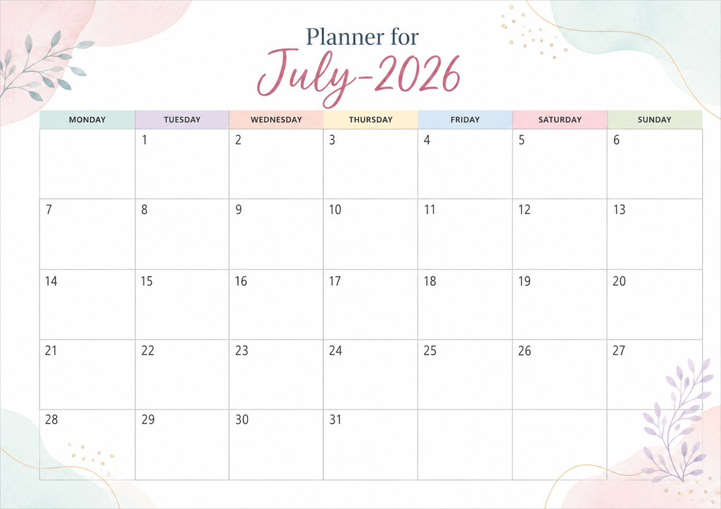 Planner For July 2026