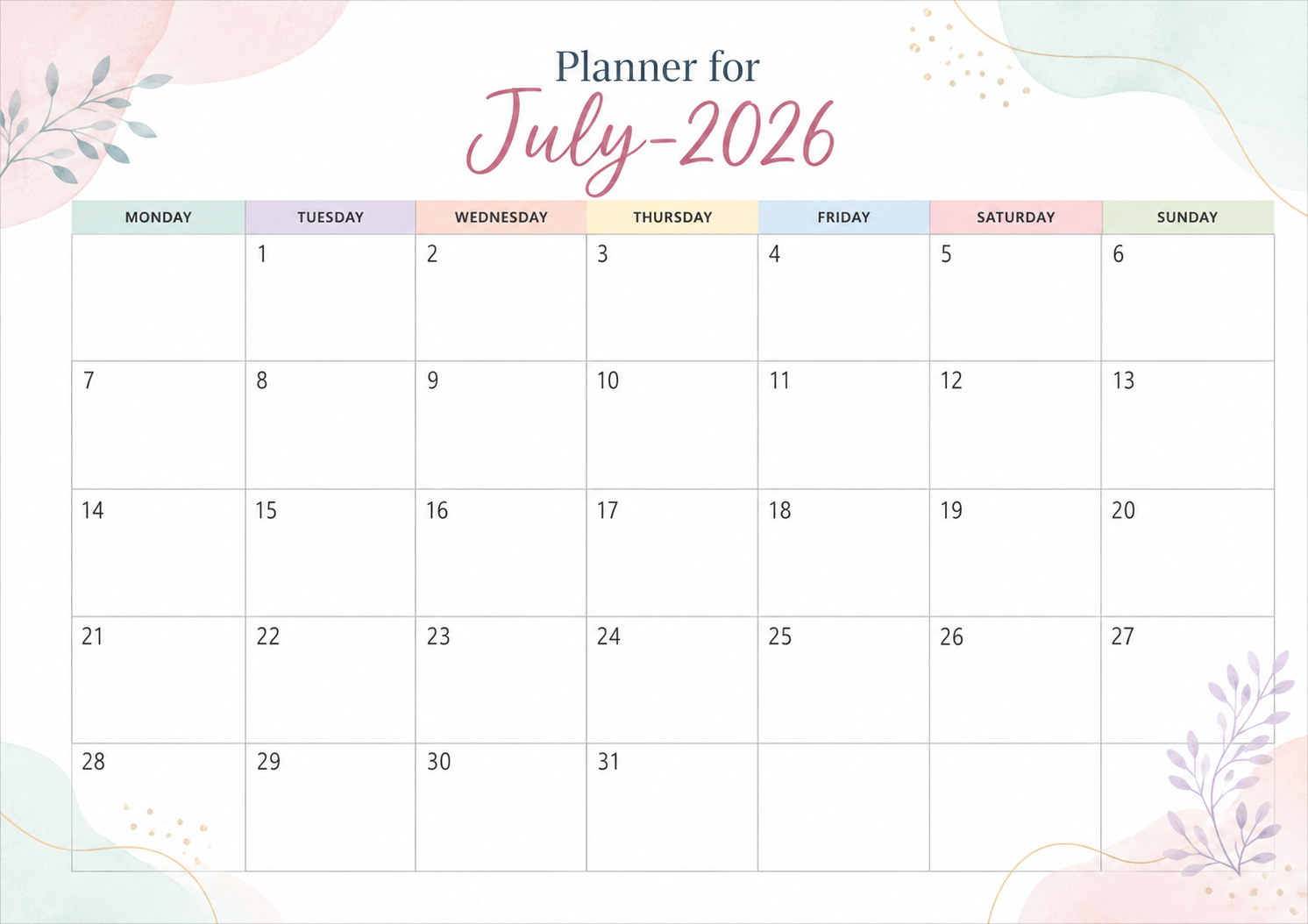 Planner For July 2026