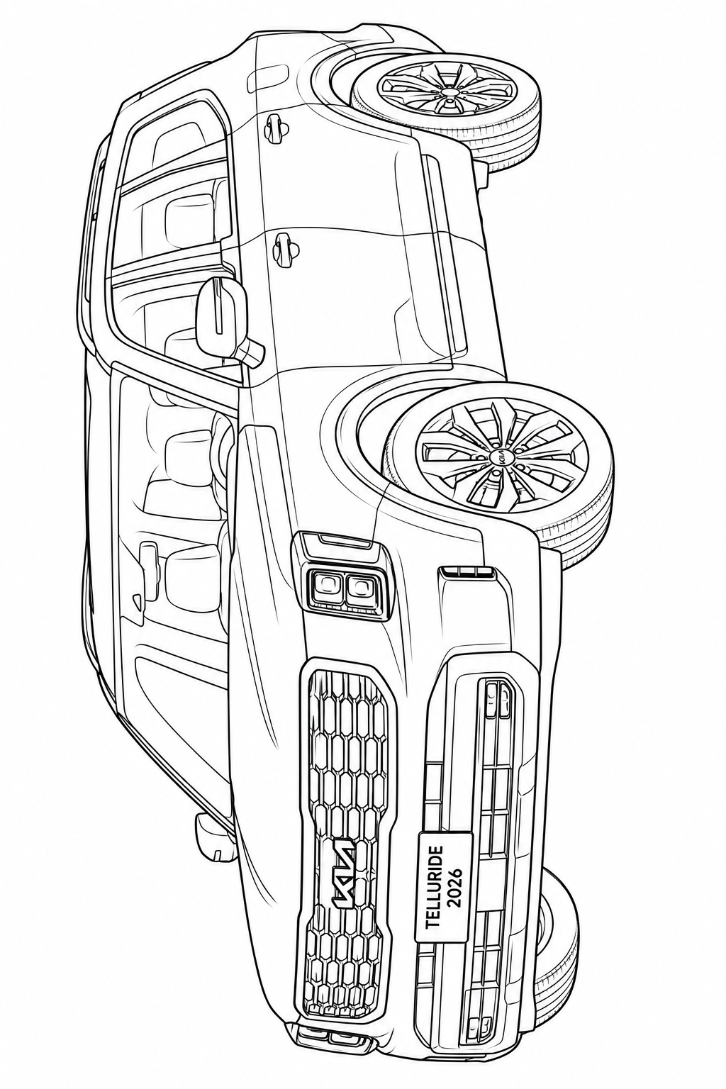 Black and white line art illustration of a compact SUV shown from a high-angle top-down perspective, featuring a grille with the Kia logo and a badge reading 'TELLURIDE 2025'.