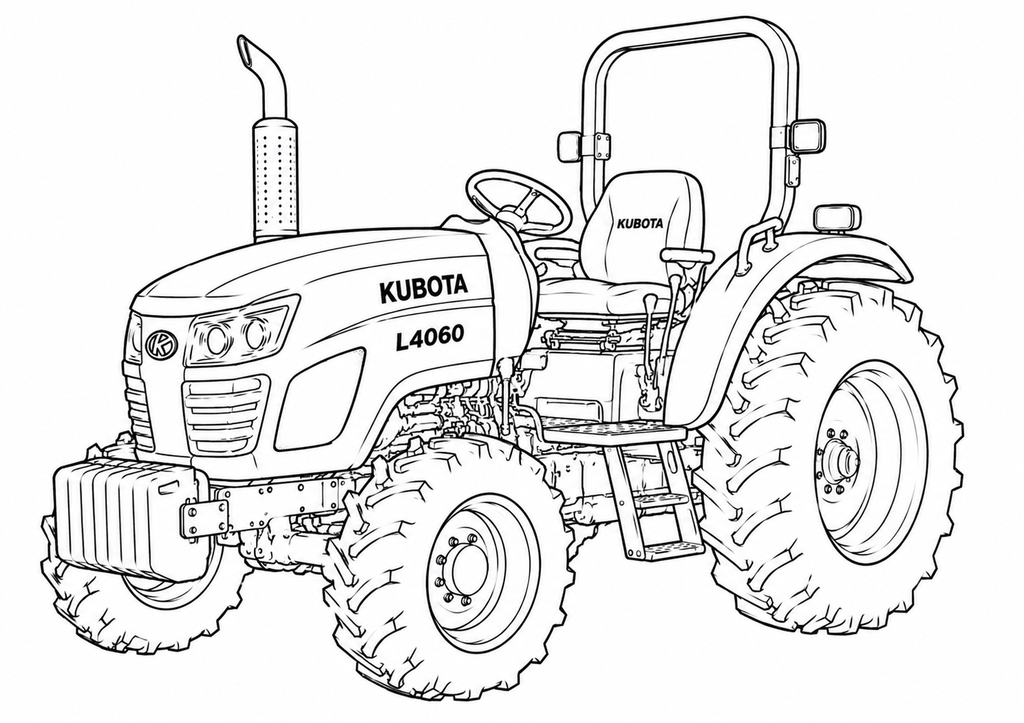 Black and white line art illustration of a Kubota L4060 tractor, showing the front three-quarter view with detailed outlines of the tires, hood, and cabin.