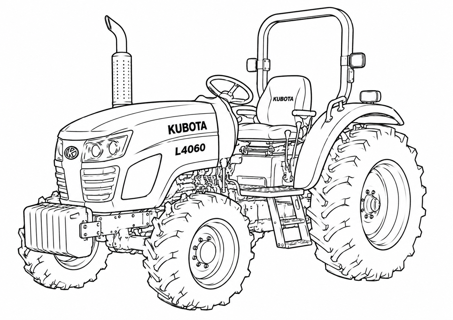 Black and white line art illustration of a Kubota L4060 tractor, showing the front three-quarter view with detailed outlines of the tires, hood, and cabin.