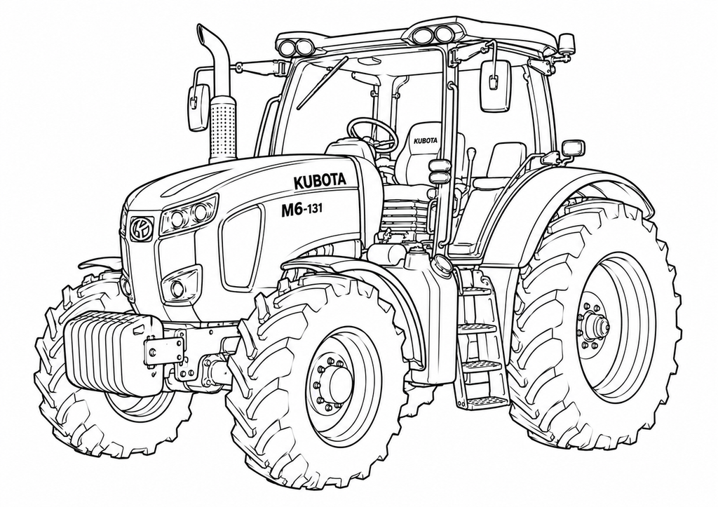 Black and white line art illustration of a Kubota M6-131 tractor, showing detailed front-three-quarter views of the vehicle on a plain white background.