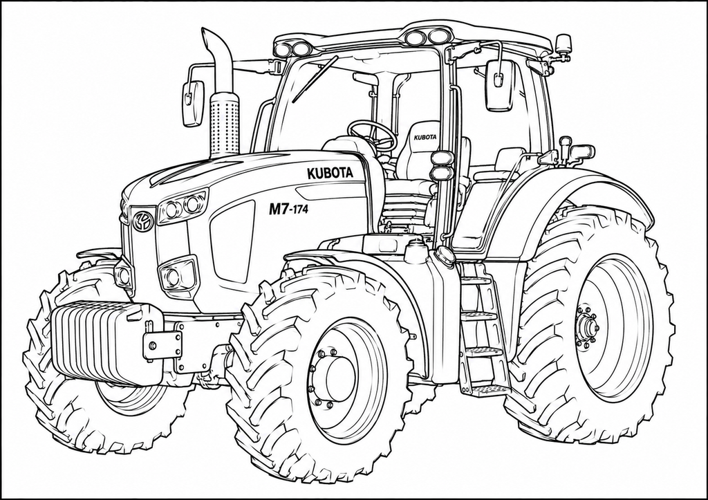 Black and white line art illustration of a Kubota M7-174 tractor, shown from a three-quarters front angle on a plain white background.