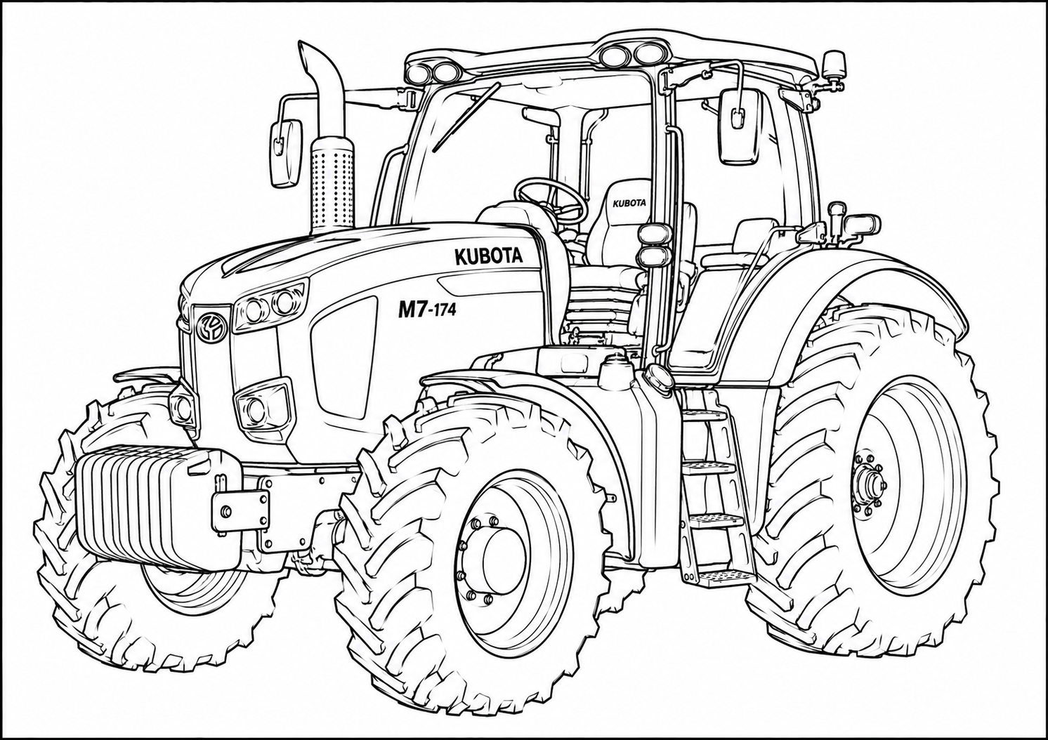 Black and white line art illustration of a Kubota M7-174 tractor, shown from a three-quarters front angle on a plain white background.