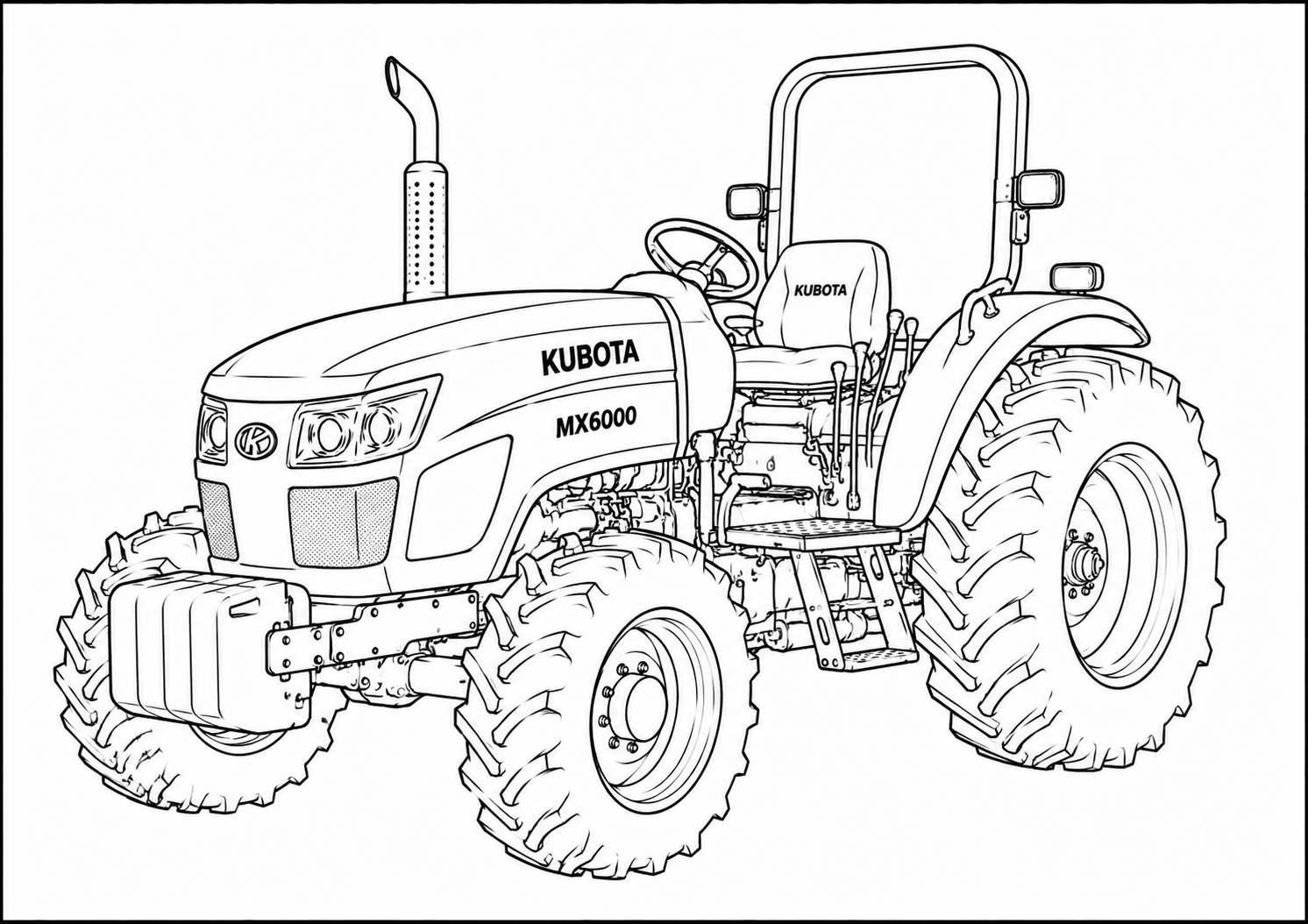 Black and white line art illustration of a Kubota MX6000 tractor, showing the front three-quarter view with detailed outlines on a white background.