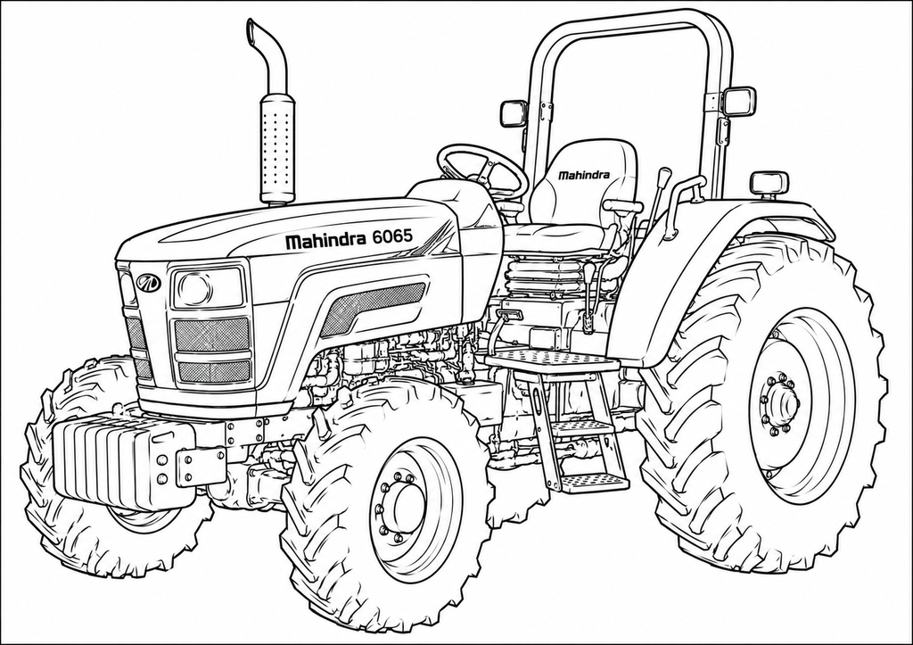 Black and white line art illustration of a Mahindra 6065 tractor, shown from a three-quarter front angle on a plain white background.
