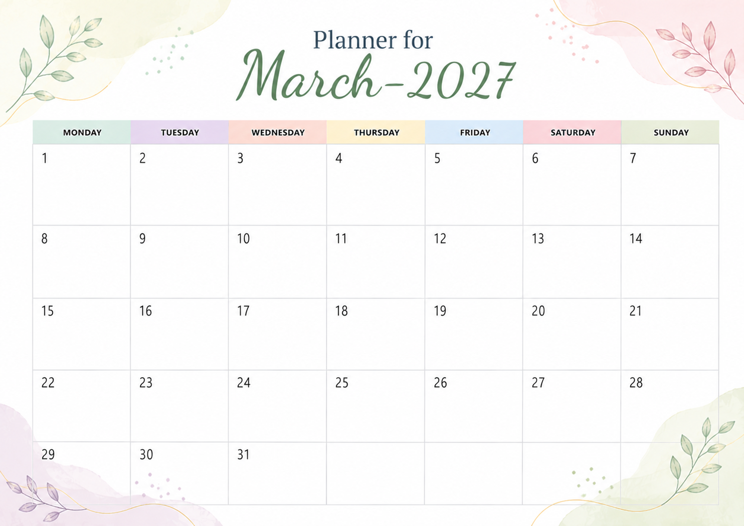 Planner For March 2027