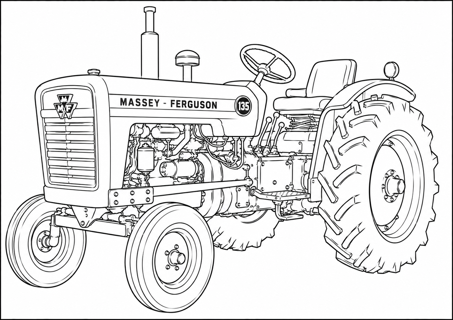 Black and white line art illustration of a Massey Ferguson 135 tractor, showing the front three-quarter view with detailed engine components, wheels, and steering wheel.