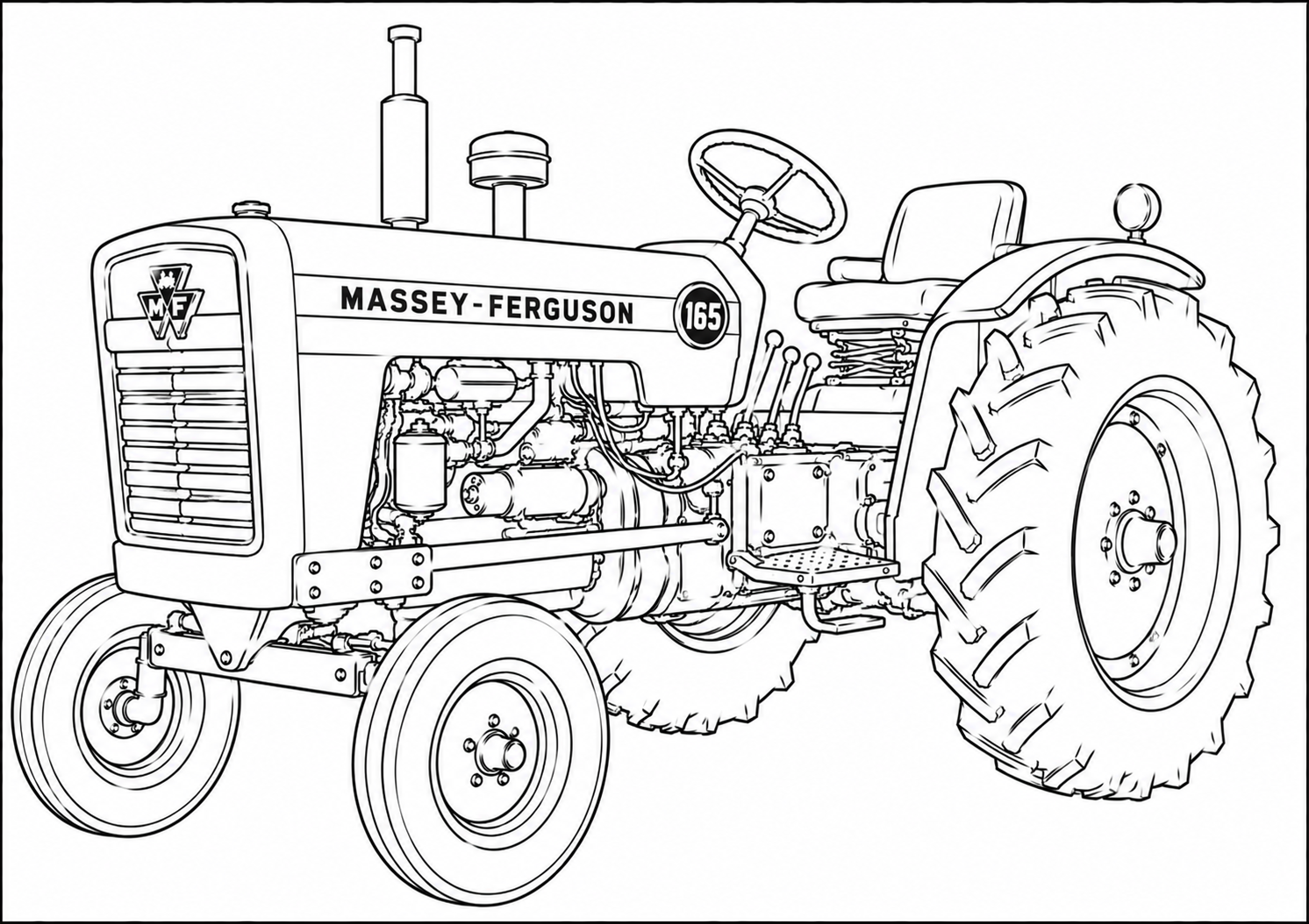 Black and white line art illustration of a Massey Ferguson 165 tractor, shown from a three-quarters front angle on a plain white background.