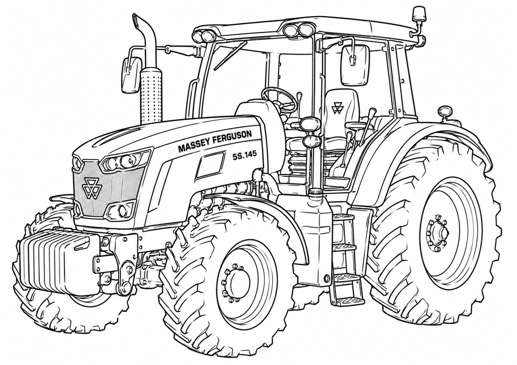 Black and white line art illustration of a Massey Ferguson tractor, showing the front three-quarter view with detailed outlines and branding.