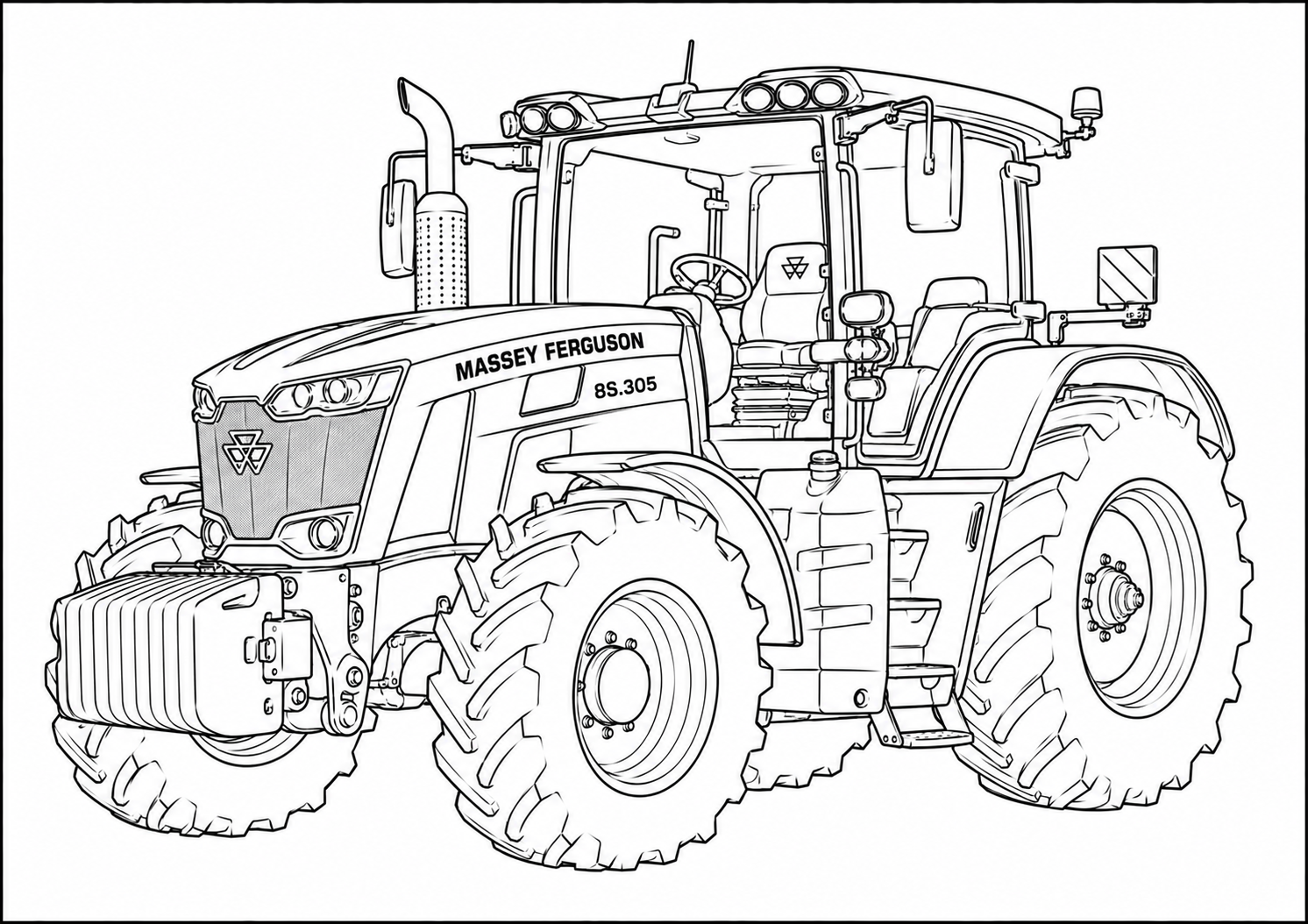 Black and white line art illustration of a Massey Ferguson 88.305 tractor, shown from a three-quarters front angle on a plain white background.