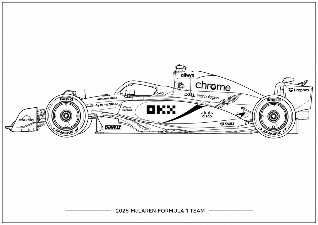 Black and white line art illustration of a 2026 McLaren Formula 1 Team car, featuring various sponsor logos such as Dell, Chrome, and DeWitt, with the team name printed below on a white background.