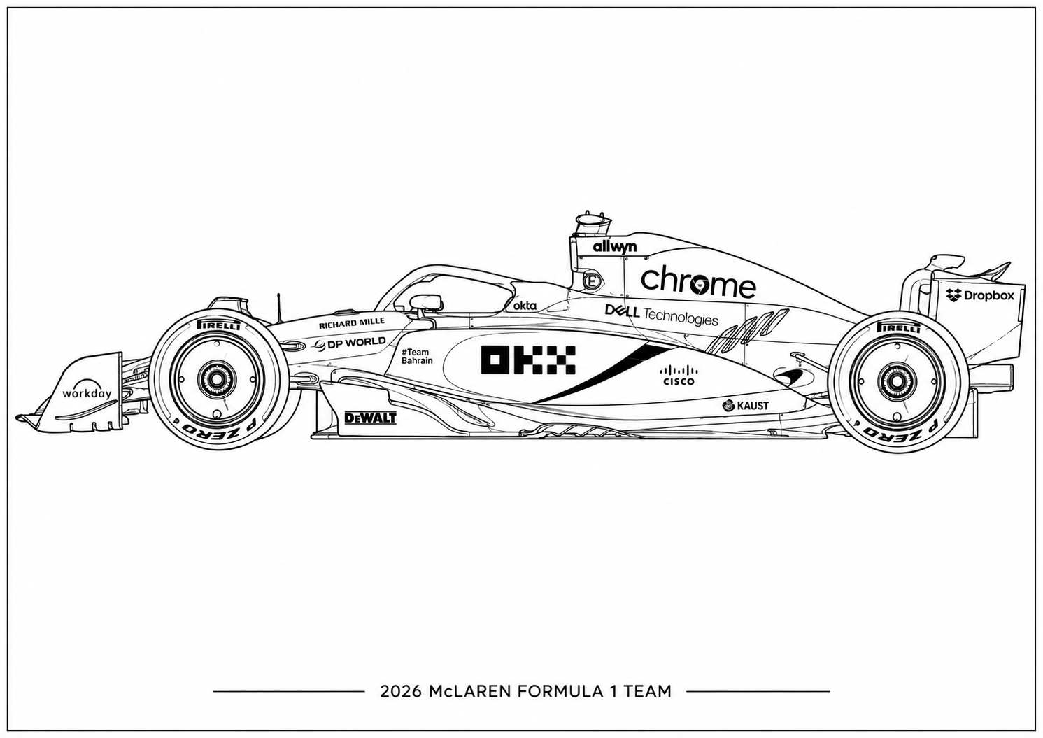 Black and white line art illustration of a 2026 McLaren Formula 1 Team car, featuring various sponsor logos such as Dell, Chrome, and DeWitt, with the team name printed below on a white background.