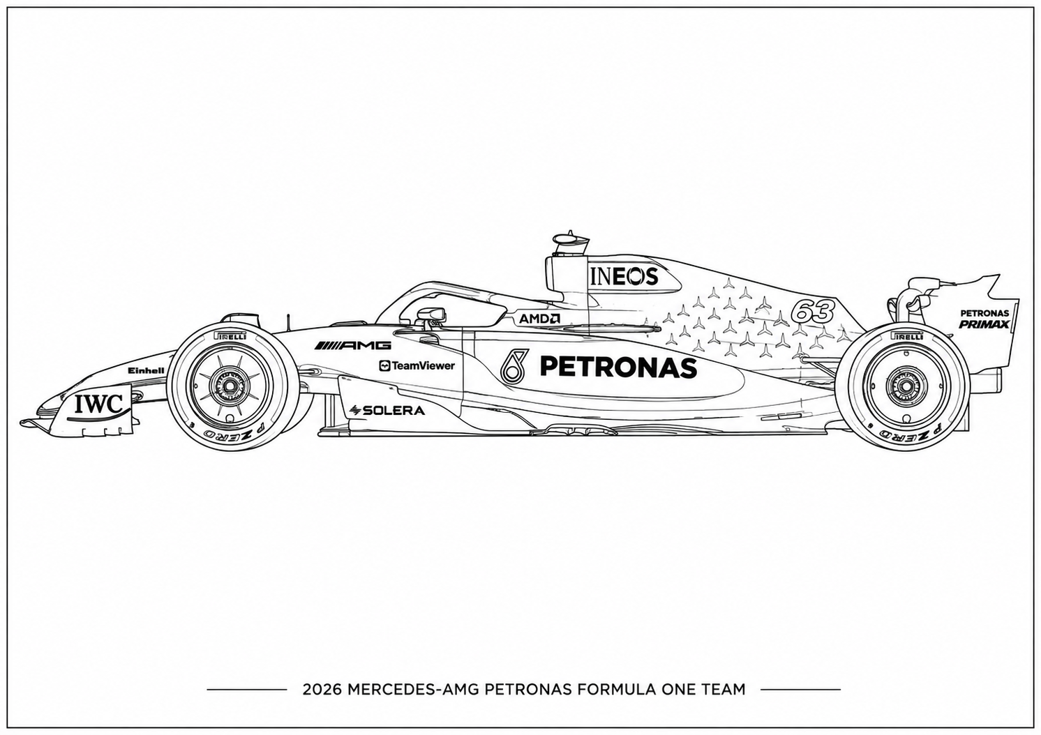 Black and white line art illustration of the 2026 Mercedes-AMG Petronas Formula One Team car, featuring team and sponsor logos including Petronas, IWC, and Hap Arnold, with the team name printed below on a white background.