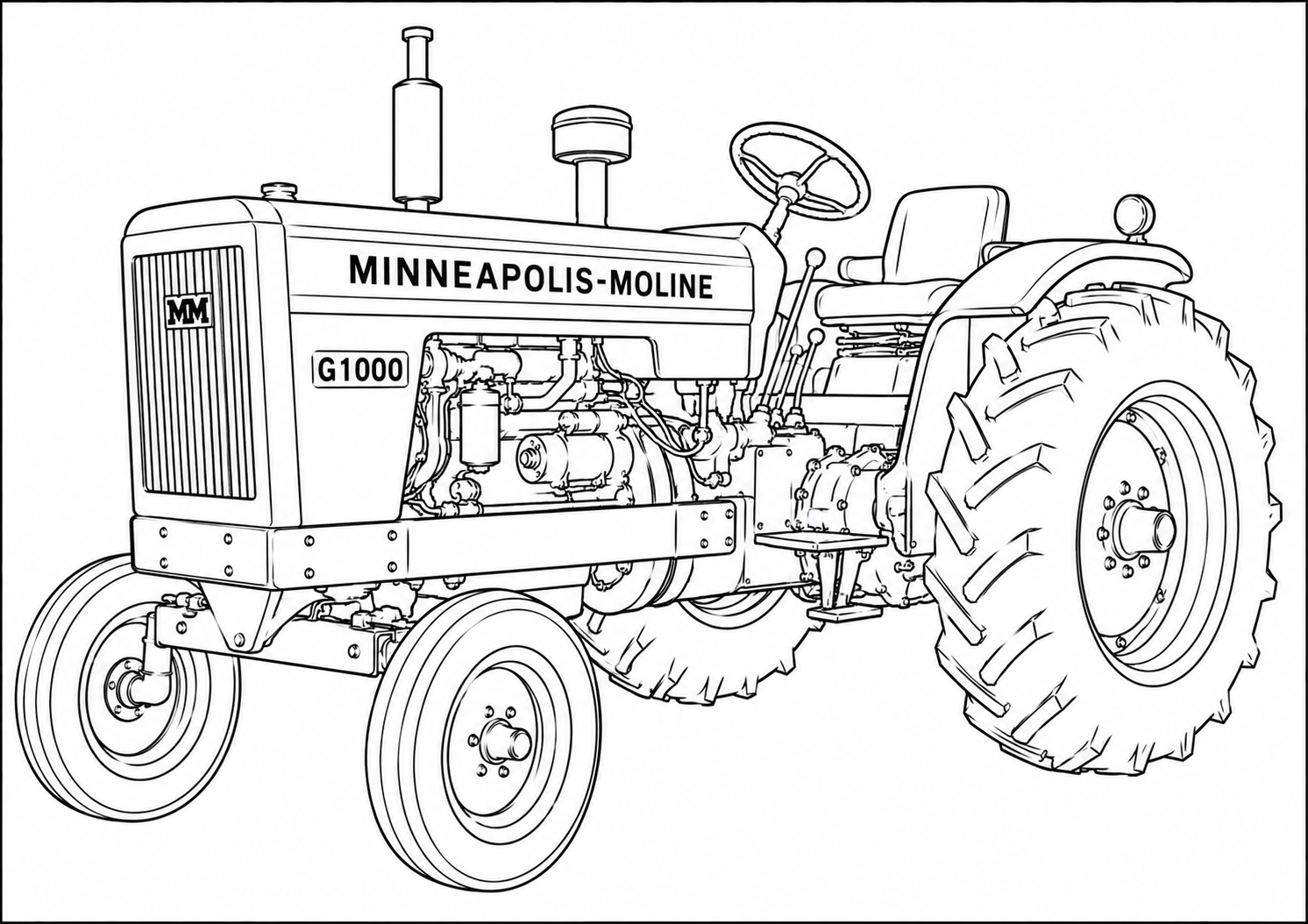 Black and white line art illustration of a Minneapolis-Moline G1000 tractor, showing the front three-quarter view with detailed mechanical components.