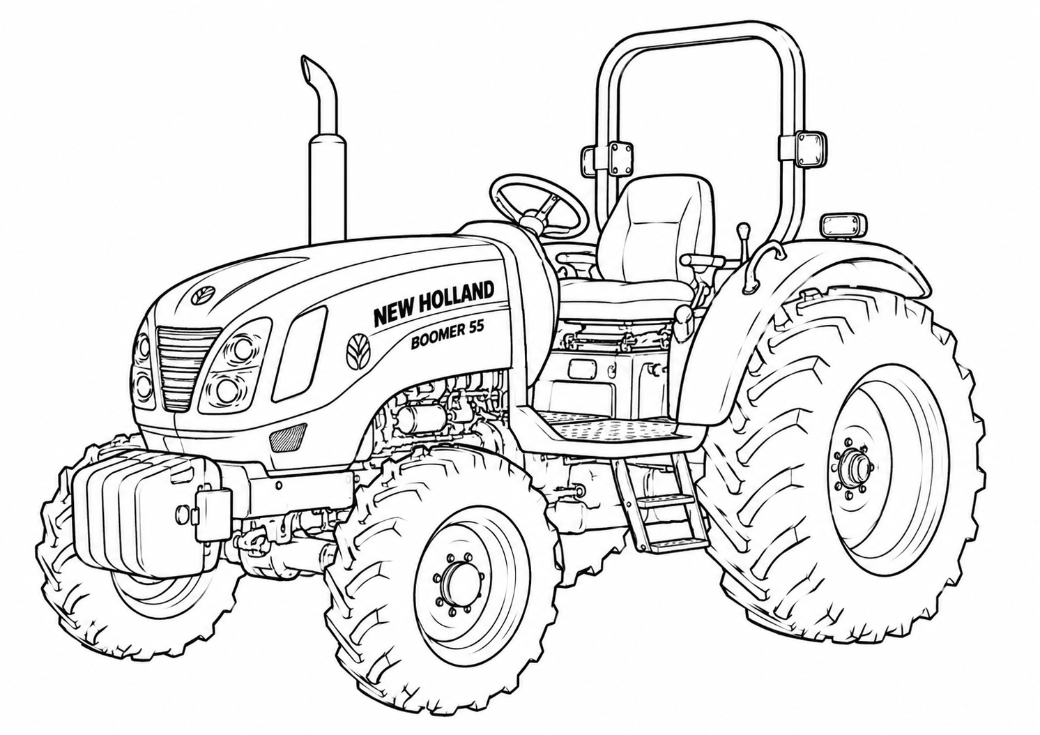 Black and white line art illustration of a New Holland Boomer 55 tractor, showing detailed vehicle features like large rear tires, front grille, steering wheel, and exhaust pipe on a plain white background.