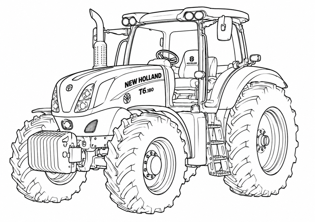 Black and white line art illustration of a New Holland T6-800 tractor, shown from a three-quarters front angle on a plain white background.