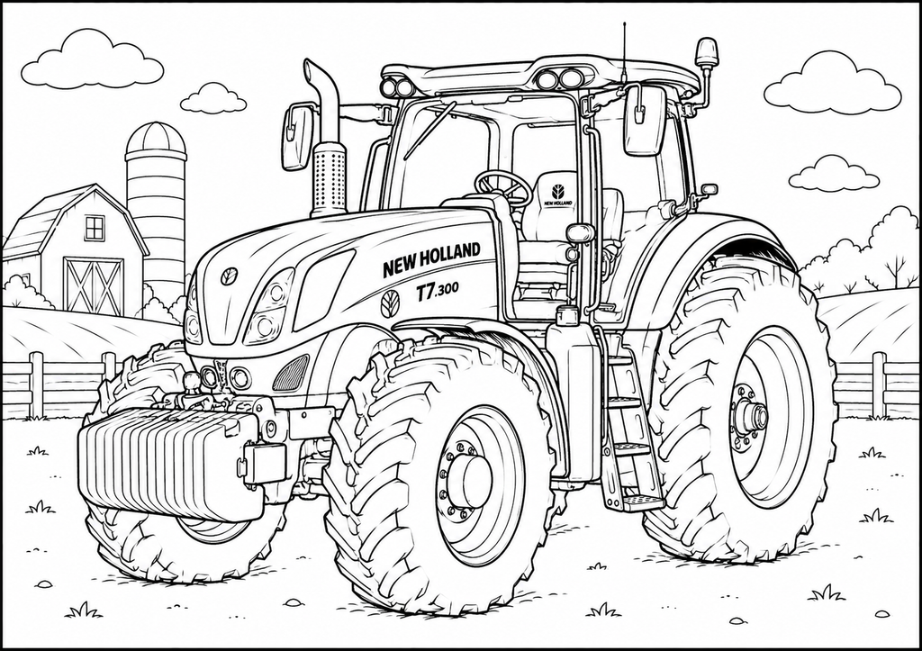 Black and white line art illustration of a New Holland T7 300 tractor in a farm setting with a barn, silo, and clouds.