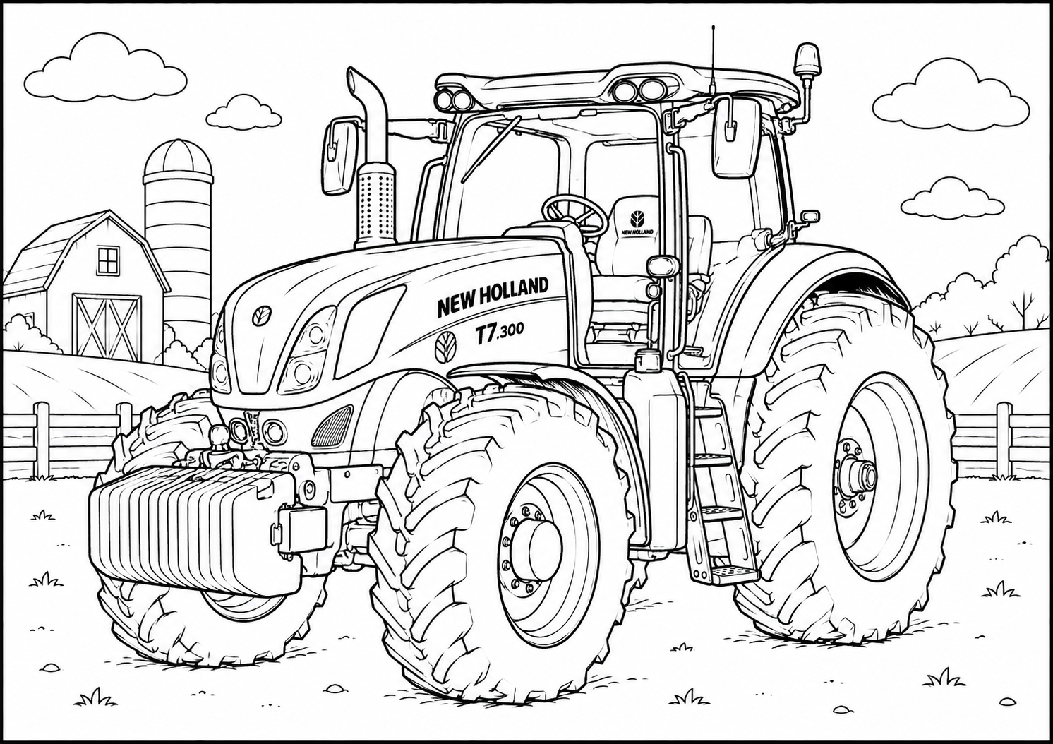 Black and white line art illustration of a New Holland T7 300 tractor in a farm setting with a barn, silo, and clouds.