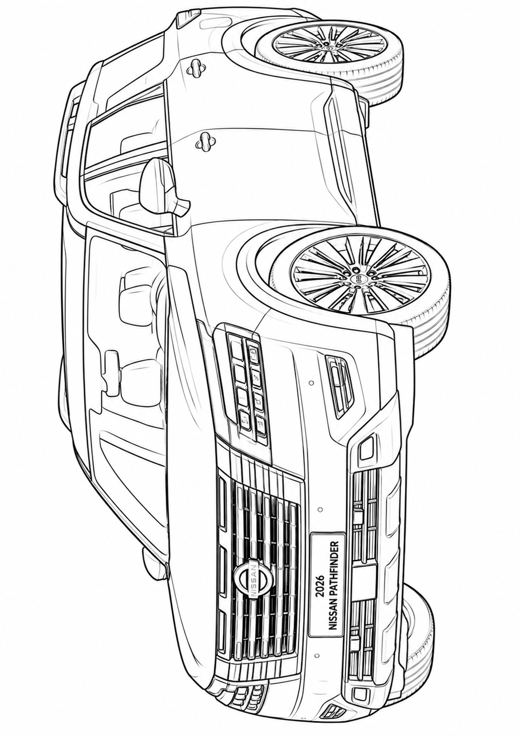 Black and white line art illustration of a 2025 Nissan Ranger, showing the vehicle from a high-angle top-down perspective.