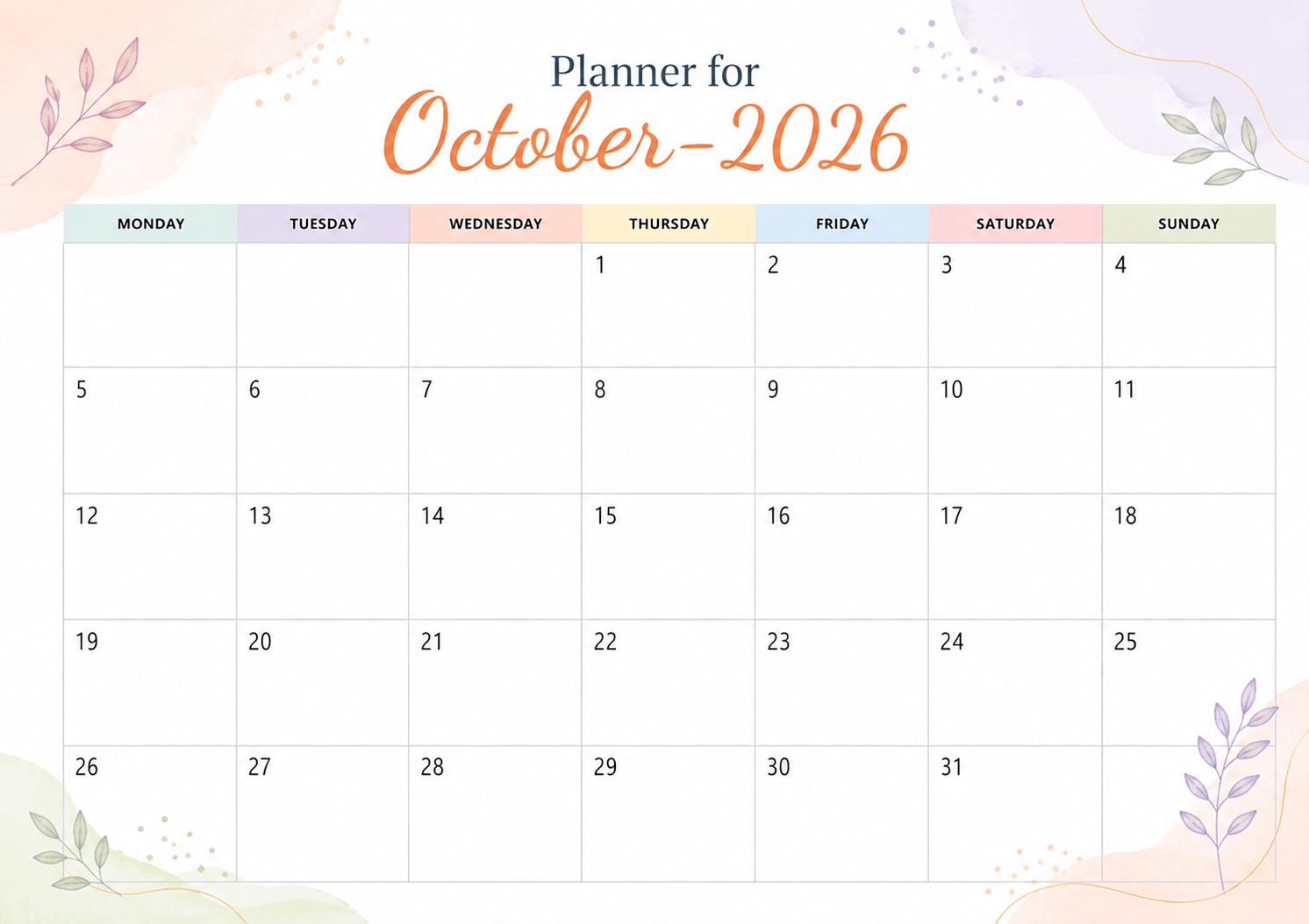 Planner For October 2026