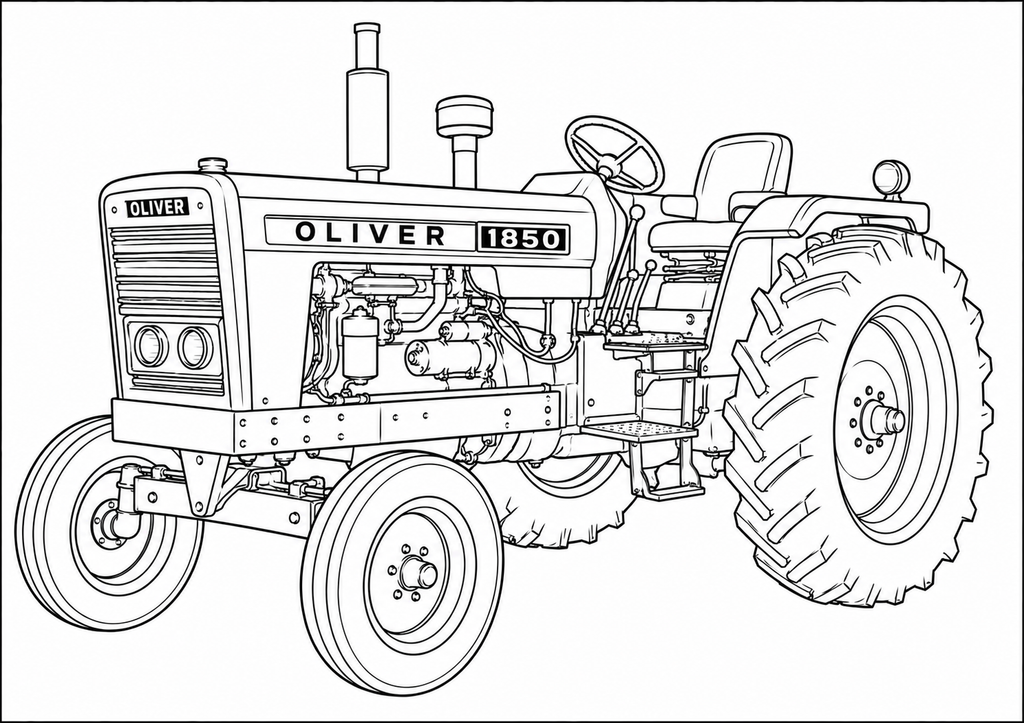 Black and white line art illustration of an Oliver 1350 tractor, showing detailed mechanical components and tire tread patterns.