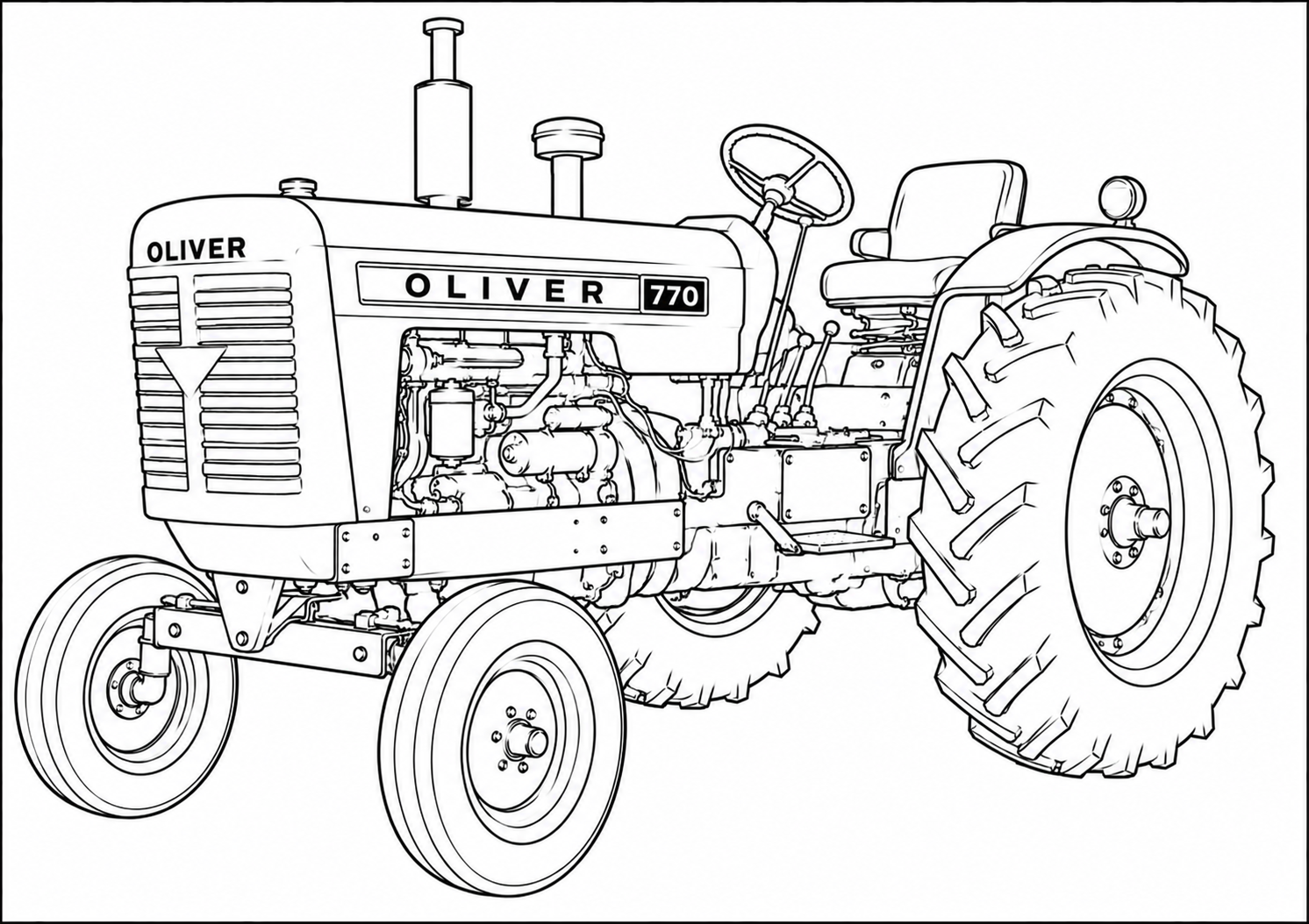 Black and white line art illustration of an Oliver 770 tractor, shown from a three-quarters front angle on a plain white background.