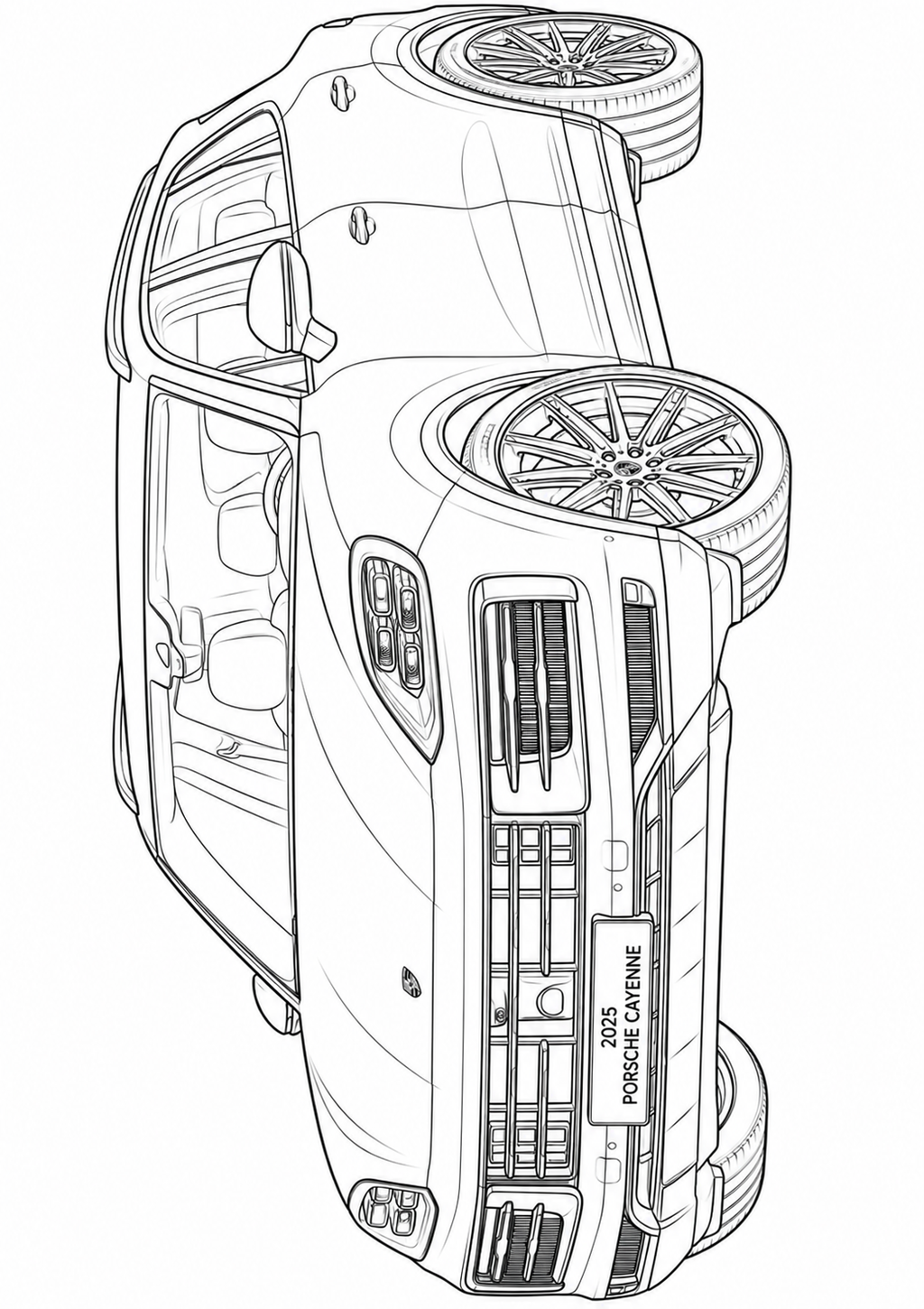 Black and white line art illustration of a Porsche 911 Carrera shown from a top-down perspective, tilted diagonally on its side, with 'PORSCHE CARRAGE' text on the front bumper area.