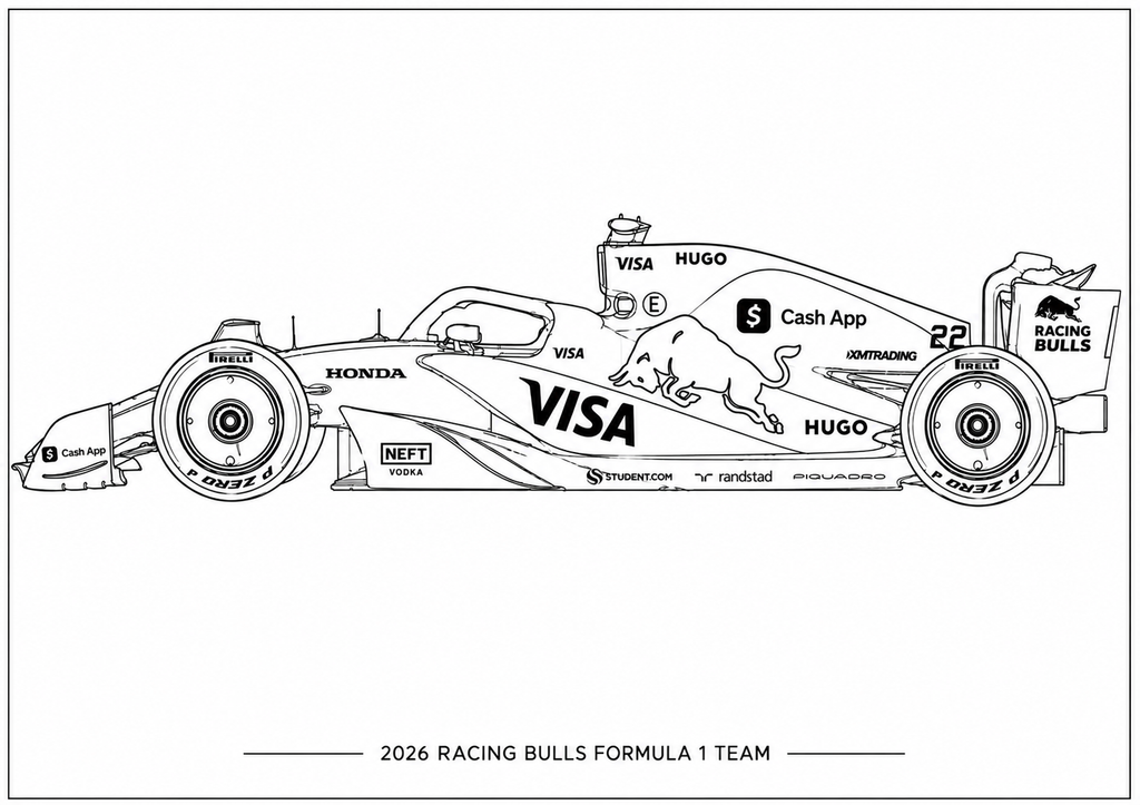 Black and white line art illustration of a 2026 Racing Bulls Formula 1 team car, featuring sponsor logos such as Visa, Honda, and Hyundai on a white background with team text below.