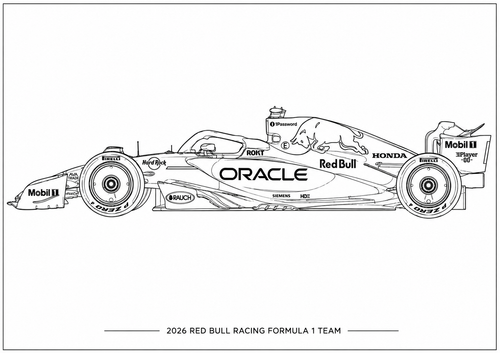 Black and white line art illustration of the 2026 Red Bull Racing Formula 1 Team car, featuring sponsor logos such as Oracle, Honda, Mobil 1, and Pirelli, with the team name printed below on a white background.