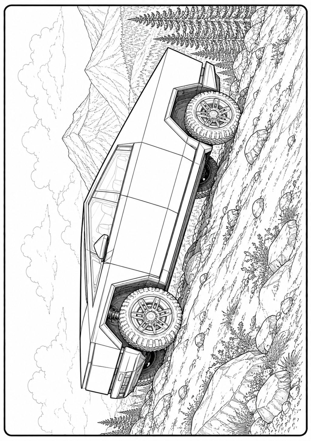 Black and white line art illustration of an off-road pickup truck climbing a steep rocky mountain slope, with trees and clouds in the background.