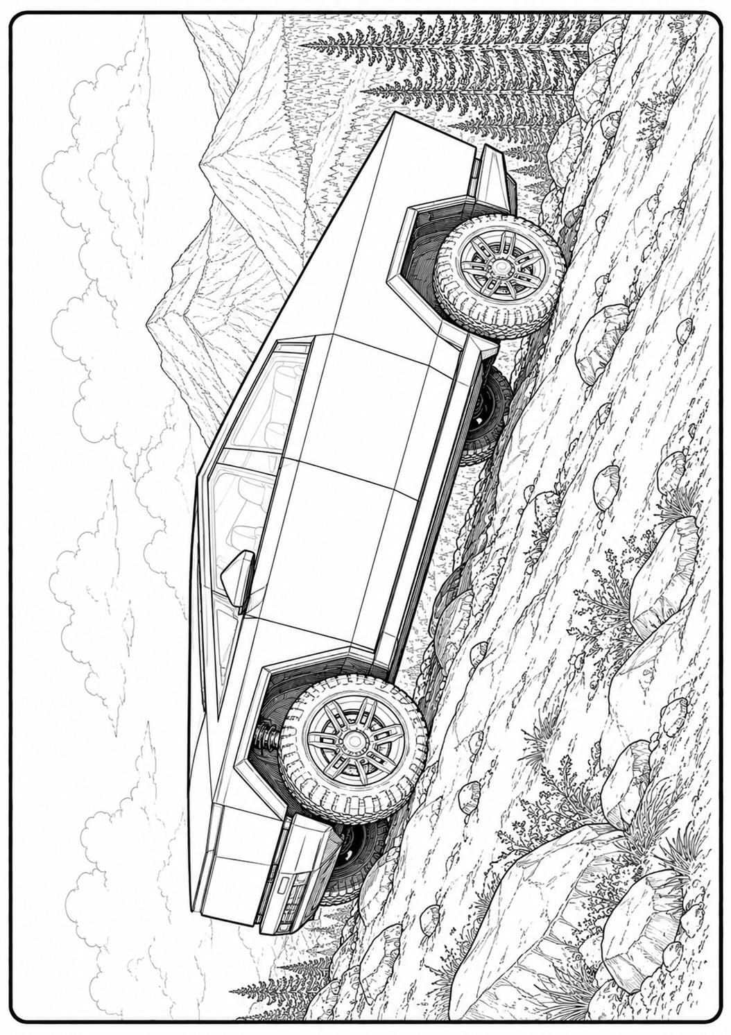 Black and white line art illustration of an off-road pickup truck climbing a steep rocky mountain slope, with trees and clouds in the background.