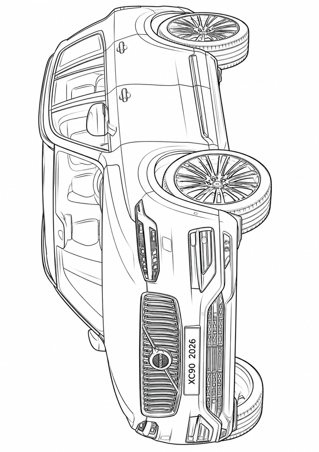 Black and white line art illustration of a luxury SUV shown from a top-down, upside-down perspective, with the grille and wheel details clearly visible.