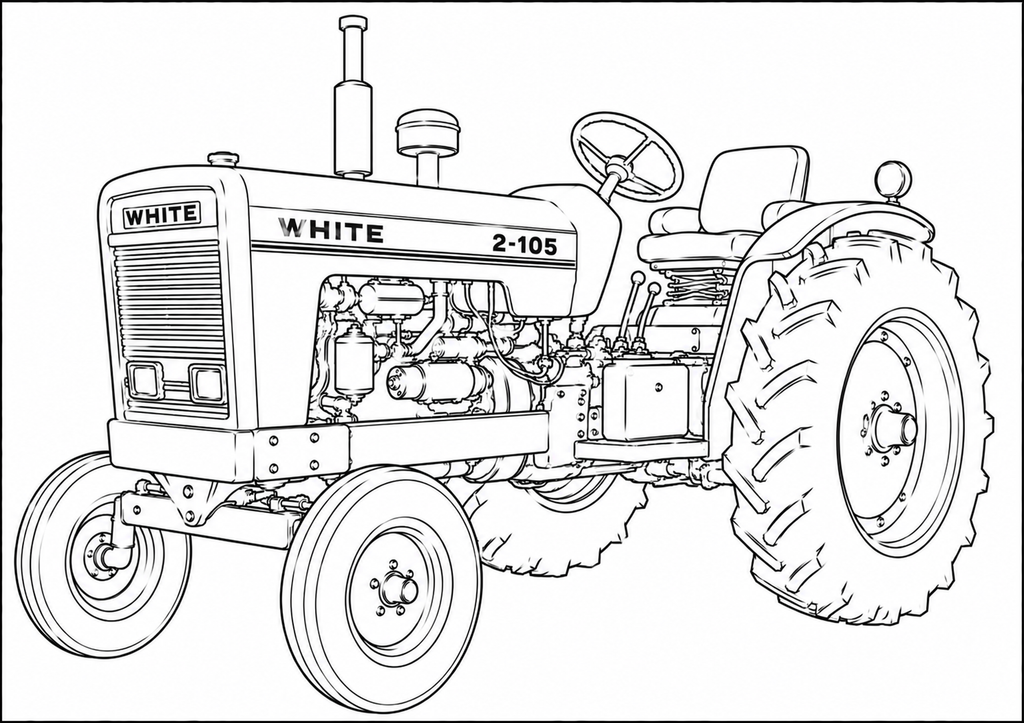 Black and white line art illustration of a vintage White 2-105 tractor, shown from a three-quarters front angle on a plain white background.