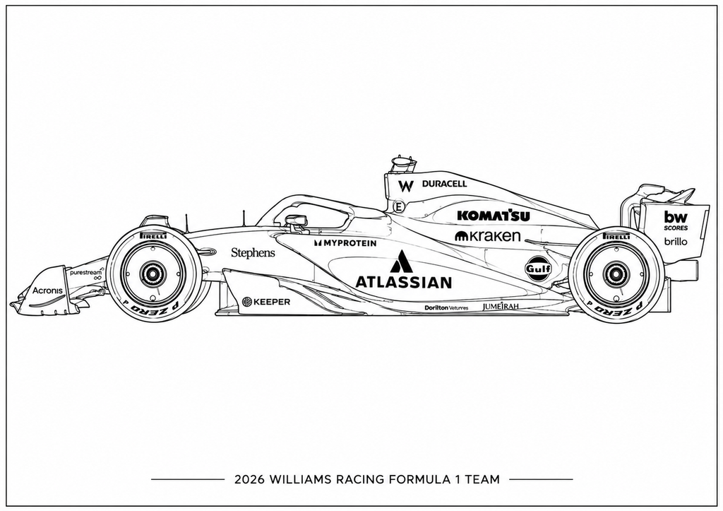 Black and white line art profile drawing of a 2026 Williams Racing Formula 1 Team car, featuring sponsor logos such as ATLASSIAN, Komatsu, Kraken, and Pirelli, with the team name printed below on a white background.